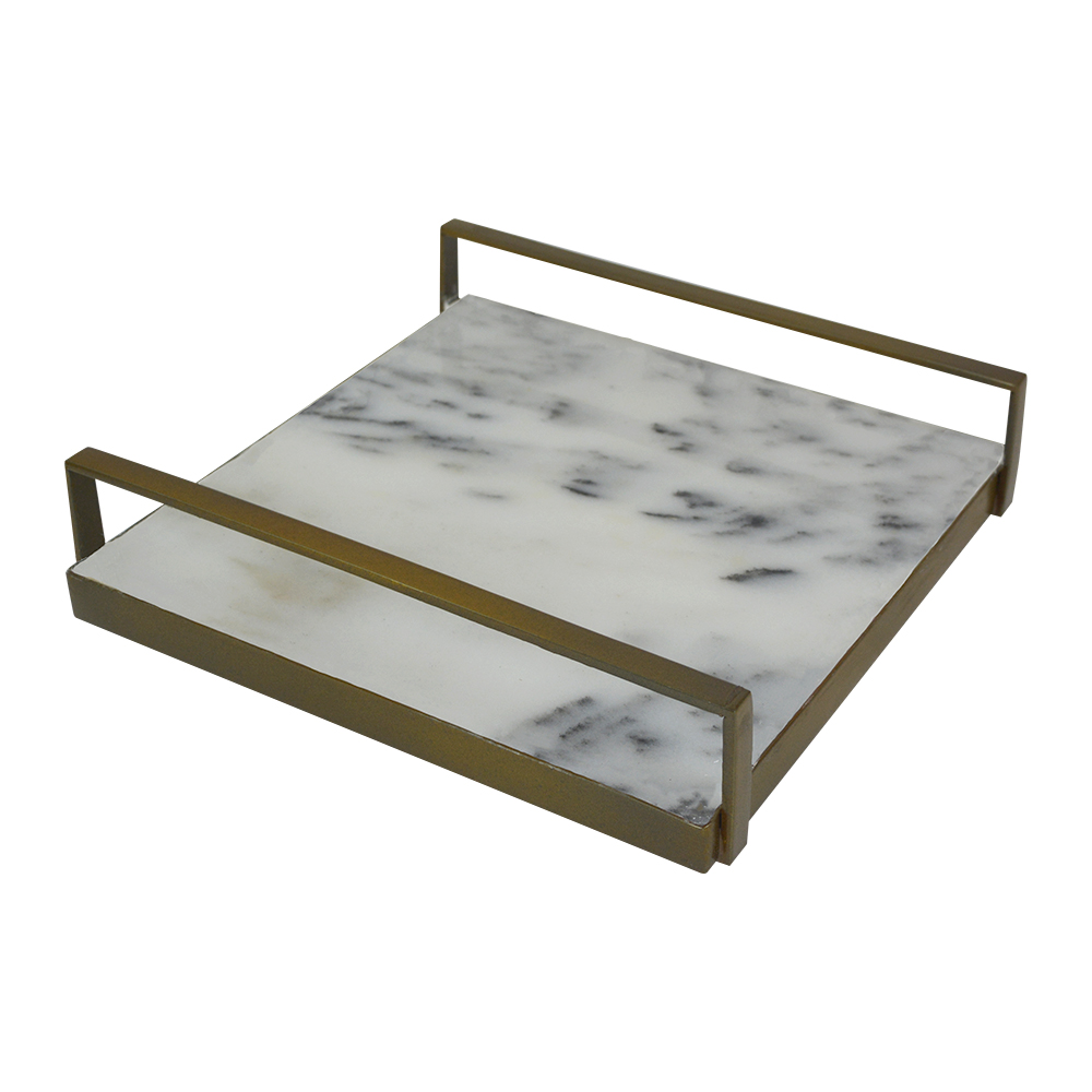 (f&b) Tray 1 3 Antique Brass And White Marble L 21 Cm X W 20 Cm X H 5 Cm