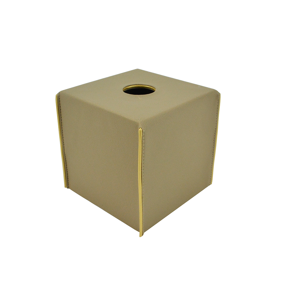 Mwrt290z Khaki Leather And Gold Metal Trim Tissue Box Holder L 12.5 Cm X W 12.4 Cm X H 13.2 Cm