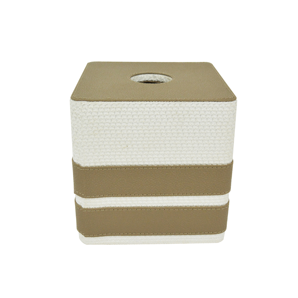 (room) Tissue Box 3.2 Khaki Faux Leather And Cream Raffia L 12 Cm X W 12 Cm X H 13 Cm