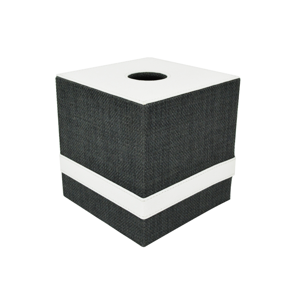 (room) Tissue Box 5.3 White Faux Leather And Black Fabric L 12 Cm X W 12 Cm X H 13 Cm