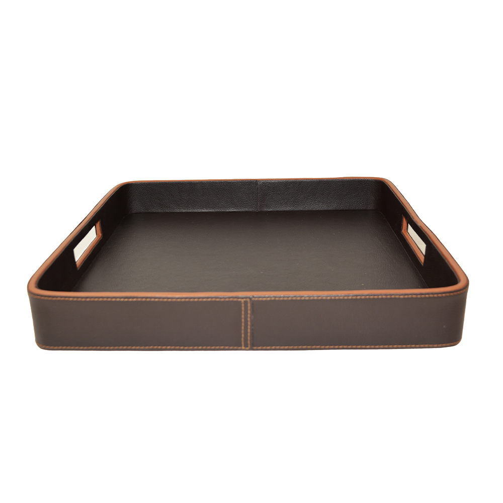 Brow Faux Leather Tray With Two Holder L 36.5 Cm X W 37 Cm X H 5 Cm