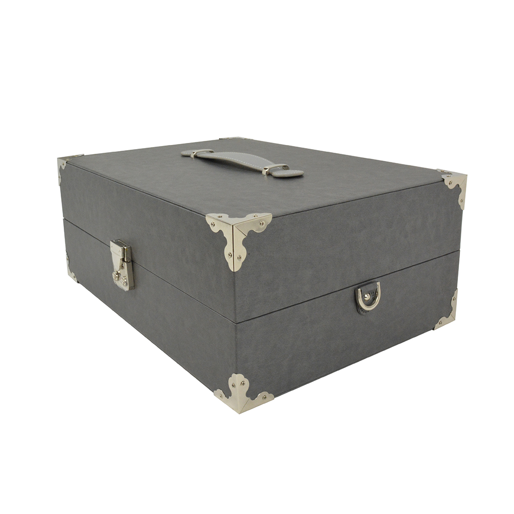 Grey Faux Leather Butler Box L 36 Cm X W 26 Cm X H 14.5 Cm