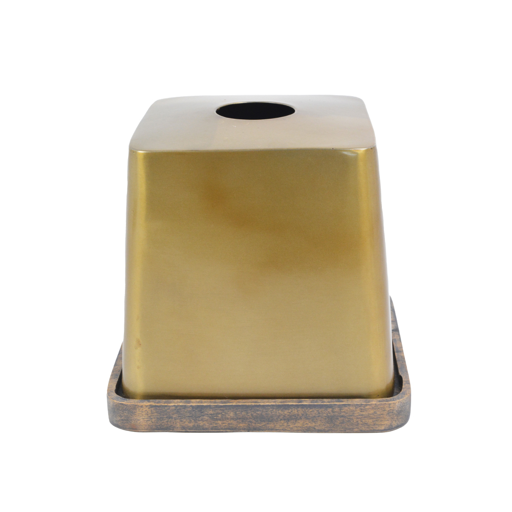 Tissue Box Antique Brass With Grey Wood Base L 15.5 Cm X W 15.5 Cm X H 14.3 Cm